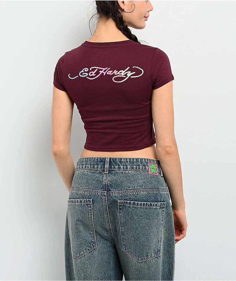 Ed Hardy Pinup Rhinestone Cabernet Crop T-Shirt
