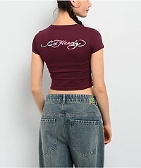 Ed Hardy Pinup Rhinestone Cabernet Crop T-Shirt