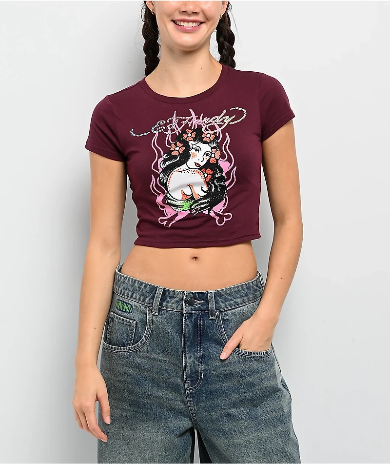 Ed Hardy Pinup Rhinestone Cabernet Crop T-Shirt