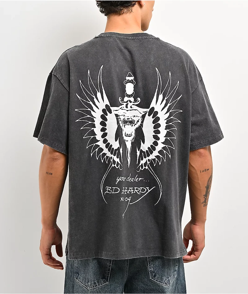 Ed Hardy Pinup Wing Black Wash T-Shirt