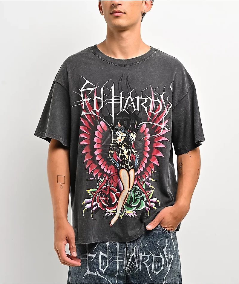Ed Hardy Pinup Wing Black Wash T-Shirt