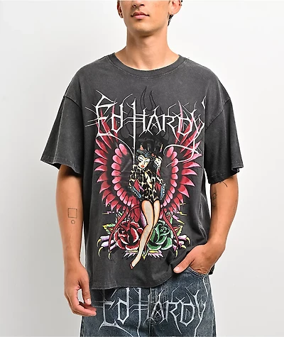 Ed Hardy Pinup Wing Black Wash T-Shirt