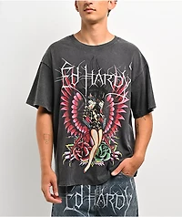 Ed Hardy Pinup Wing Black Wash T-Shirt