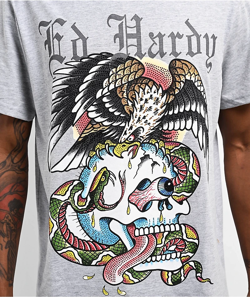 Ed Hardy Rhinestone Battle Heather Grey T-Shirt