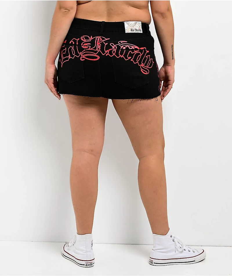 Ed Hardy Rhinestone Dragons Black Denim Cutoff Mini Skirt