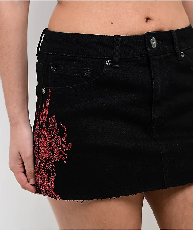 Ed Hardy Rhinestone Dragons Black Denim Cutoff Mini Skirt