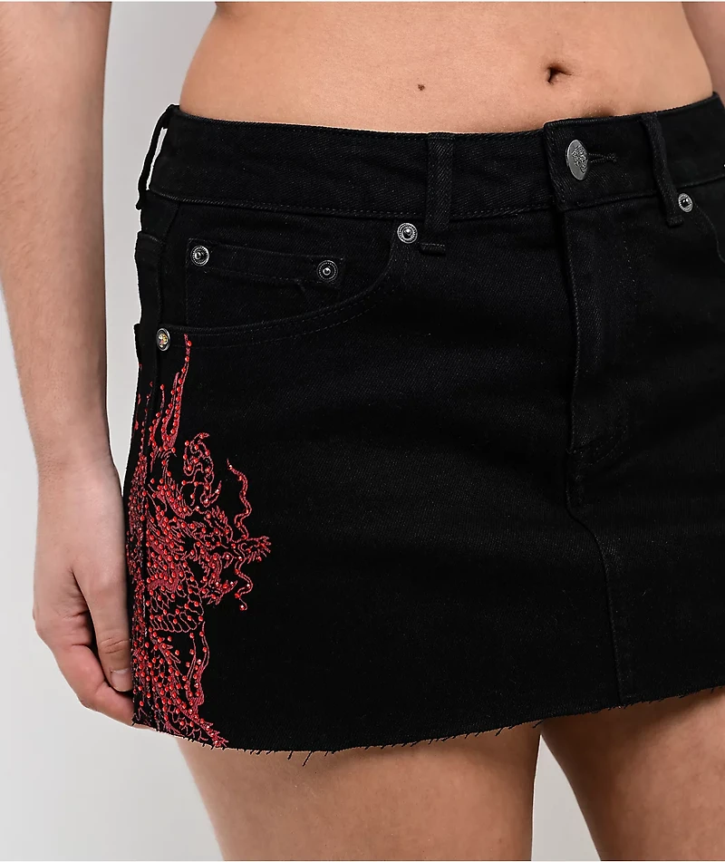 Ed Hardy Rhinestone Dragons Black Denim Cutoff Mini Skirt