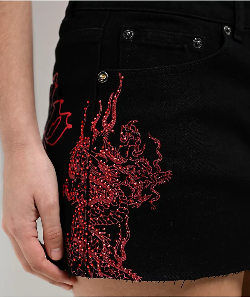 Ed Hardy Rhinestone Dragons Black Denim Cutoff Mini Skirt