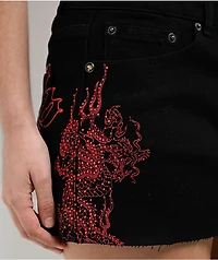 Ed Hardy Rhinestone Dragons Black Denim Cutoff Mini Skirt