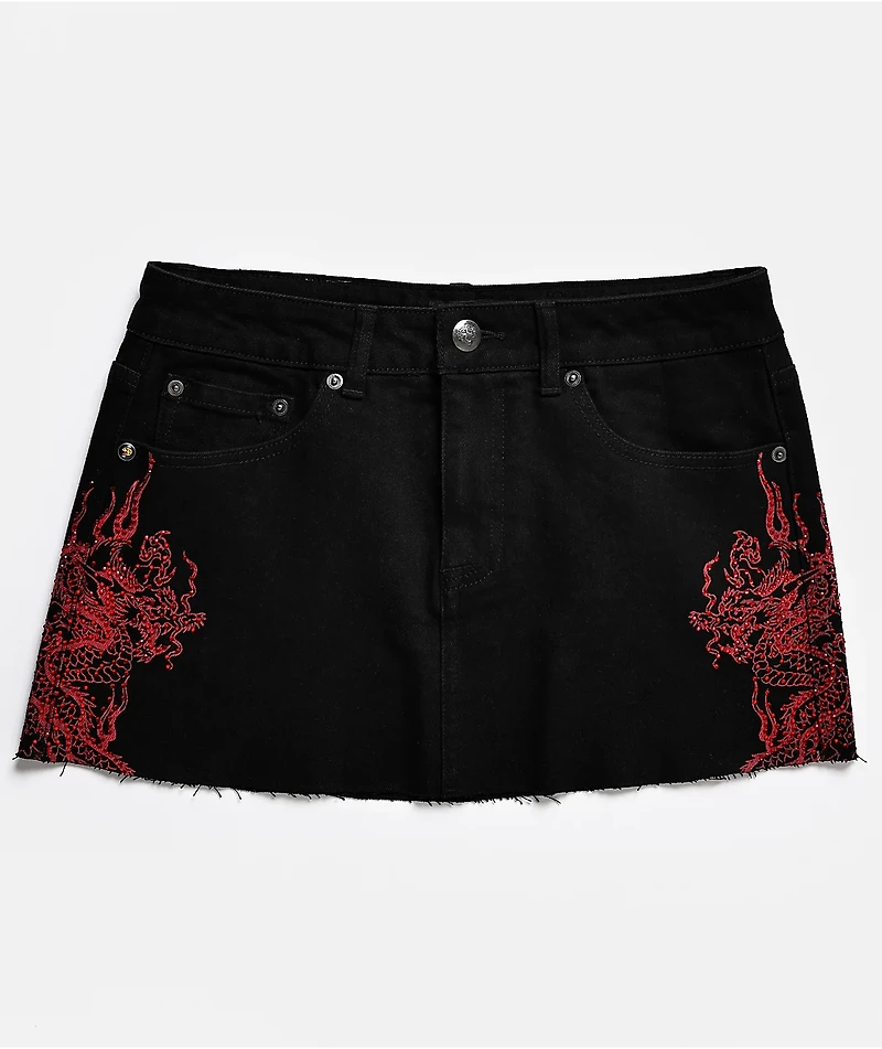 Ed Hardy Rhinestone Dragons Black Denim Cutoff Mini Skirt