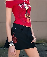 Ed Hardy Rhinestone Dragons Black Denim Cutoff Mini Skirt