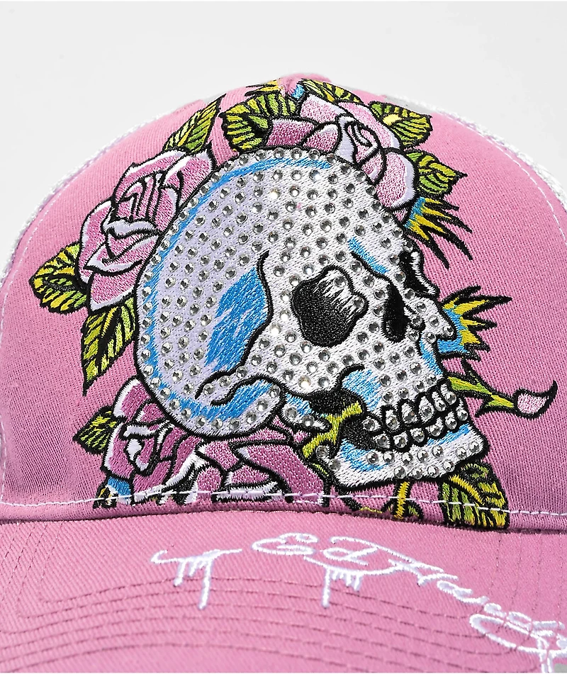 Ed Hardy Rhinestone Skull Purple & White Trucker Hat