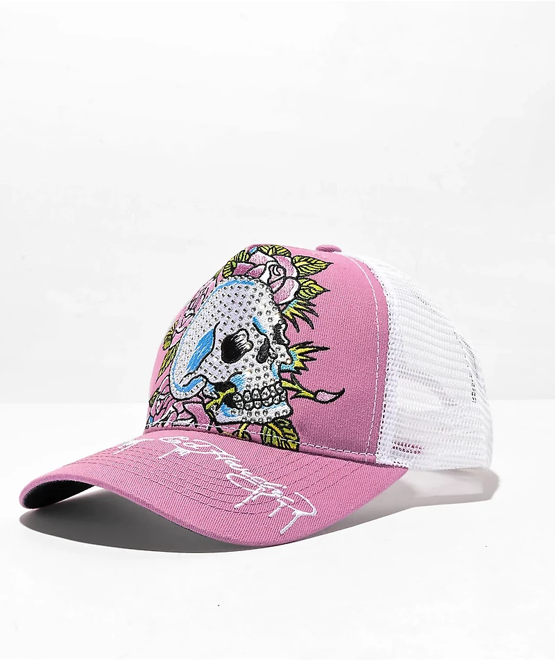 Ed Hardy Rhinestone Skull Purple & White Trucker Hat
