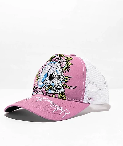 Ed Hardy Rhinestone Skull Purple & White Trucker Hat