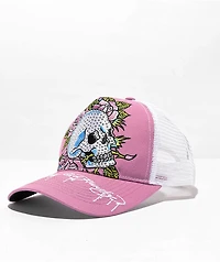 Ed Hardy Rhinestone Skull Purple & White Trucker Hat