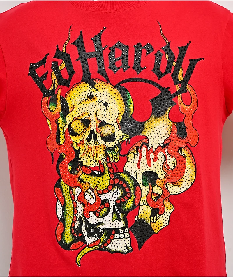 Ed Hardy Rhinestone Skulls Red T-Shirt