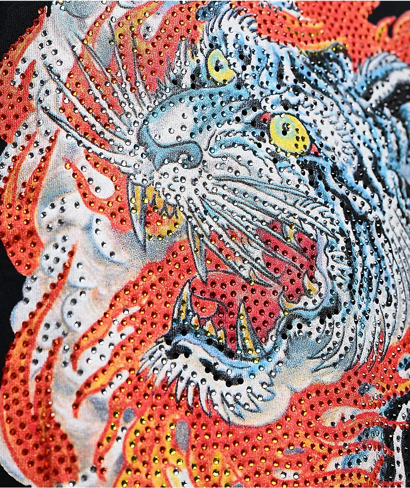 Ed Hardy Rhinestone Tiger Flames Black Long Sleeve T-Shirt