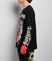 Ed Hardy Rhinestone Tiger Flames Black Long Sleeve T-Shirt