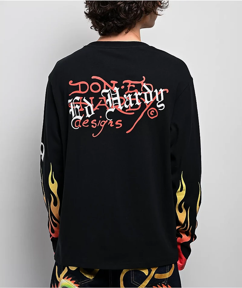 Ed Hardy Rhinestone Tiger Flames Black Long Sleeve T-Shirt