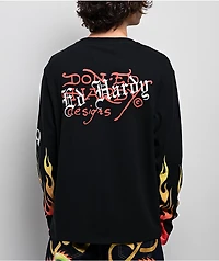 Ed Hardy Rhinestone Tiger Flames Black Long Sleeve T-Shirt