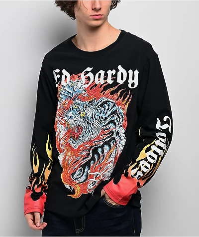 Ed Hardy Rhinestone Tiger Flames Black Long Sleeve T-Shirt
