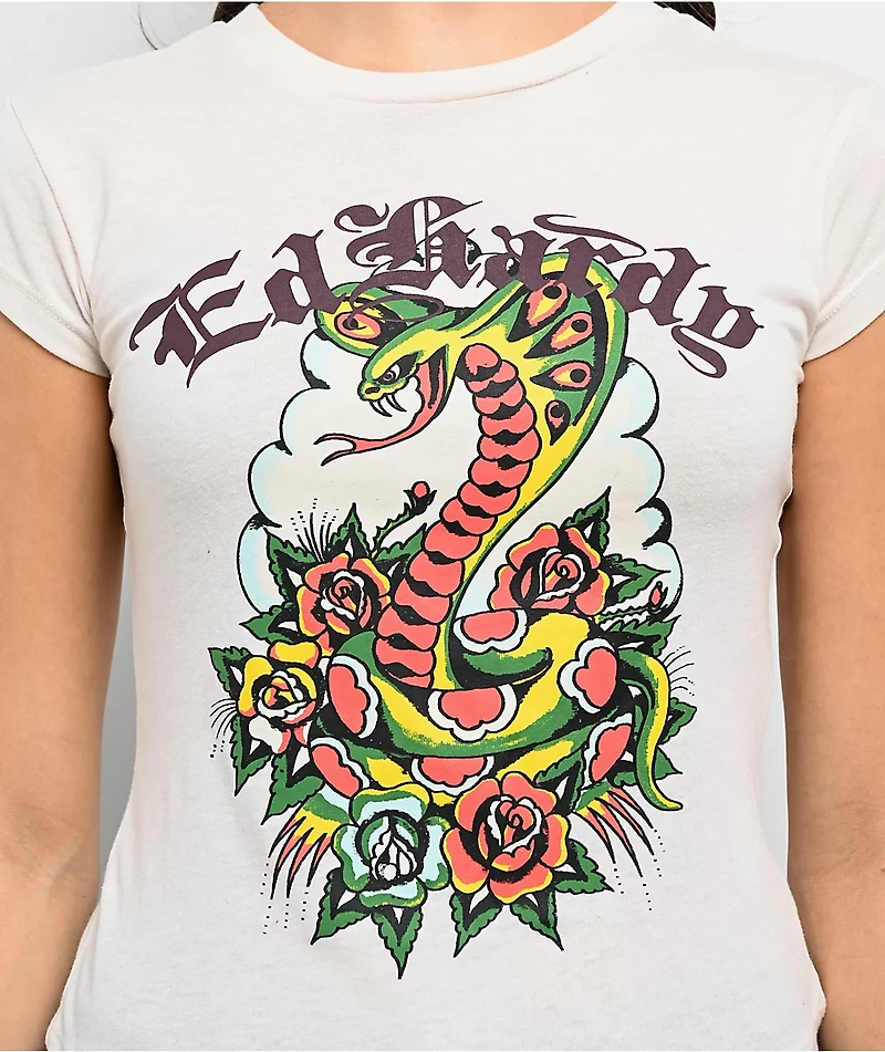 Ed Hardy Rose Cobra Ivory Crop T-Shirt