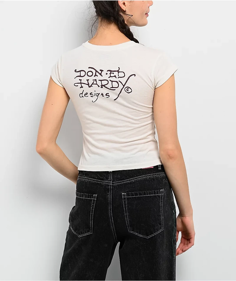 Ed Hardy Rose Cobra Ivory Crop T-Shirt