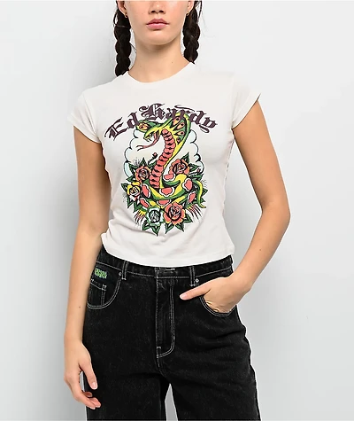 Ed Hardy Rose Cobra Ivory Crop T-Shirt