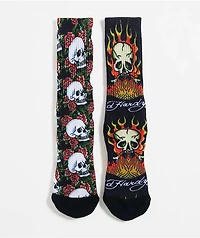 Ed Hardy Rose Flame Skull Black 2-Pack Crew Socks