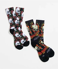 Ed Hardy Rose Flame Skull Black 2-Pack Crew Socks