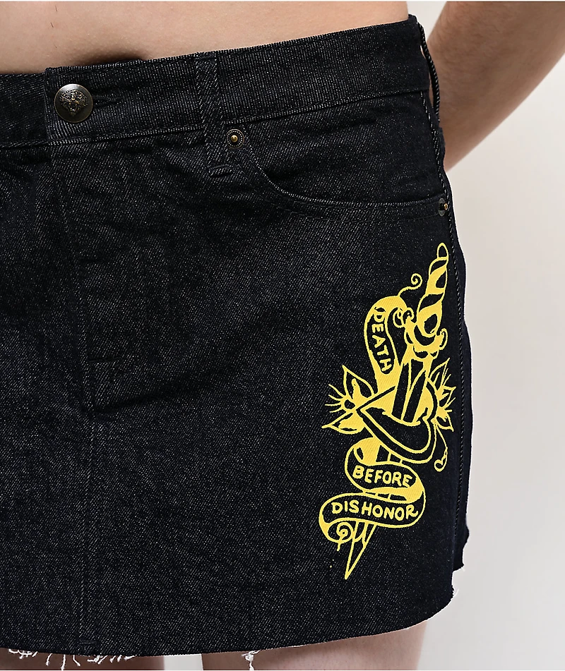 Ed Hardy Rose Heart Black Denim Cutoff Mini Skirt