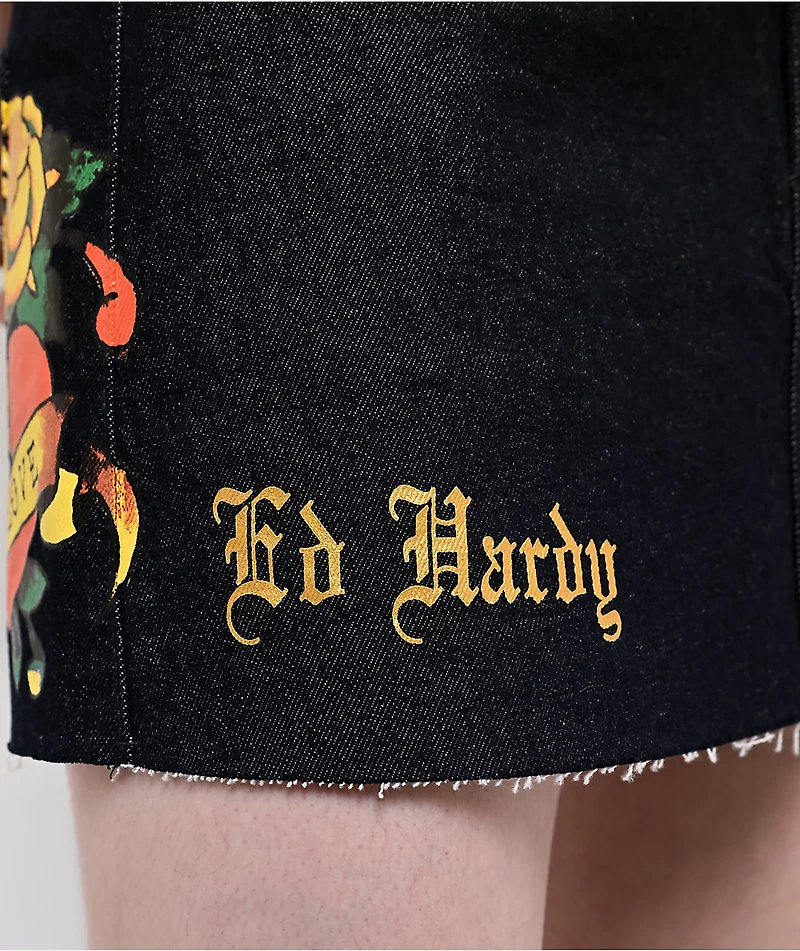 Ed Hardy Rose Heart Black Denim Cutoff Mini Skirt