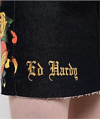 Ed Hardy Rose Heart Black Denim Cutoff Mini Skirt