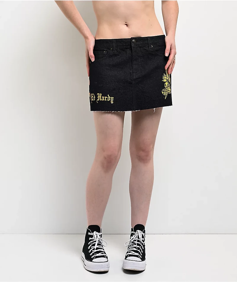 Ed Hardy Rose Heart Black Denim Cutoff Mini Skirt