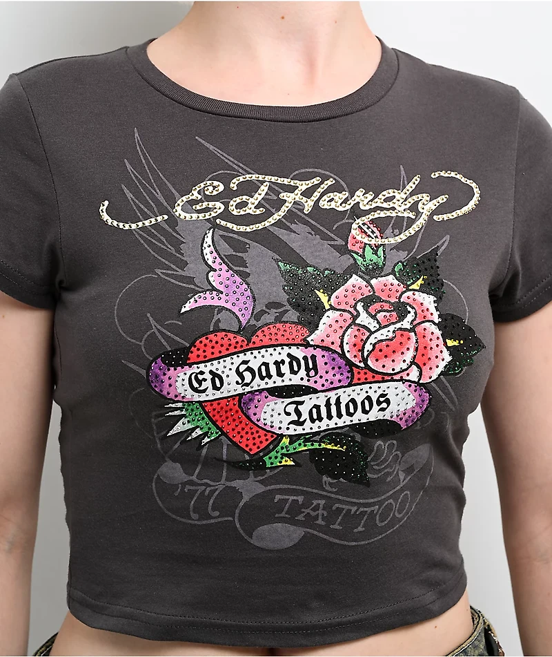Ed Hardy Rose Heart Rhinestone Charcoal Crop T-Shirt