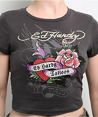 Ed Hardy Rose Heart Rhinestone Charcoal Crop T-Shirt