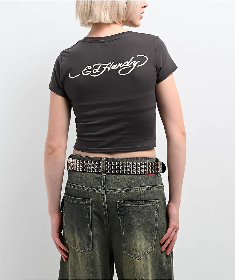 Ed Hardy Rose Heart Rhinestone Charcoal Crop T-Shirt