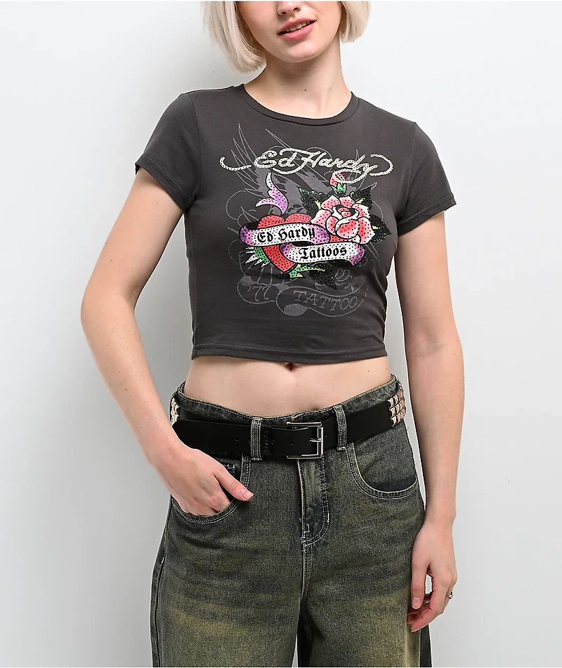 Ed Hardy Rose Heart Rhinestone Charcoal Crop T-Shirt