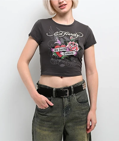 Ed Hardy Rose Heart Rhinestone Charcoal Crop T-Shirt
