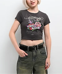 Ed Hardy Rose Heart Rhinestone Charcoal Crop T-Shirt