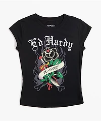 Ed Hardy Rose Rhinestone Cap Sleeve Black T-Shirt