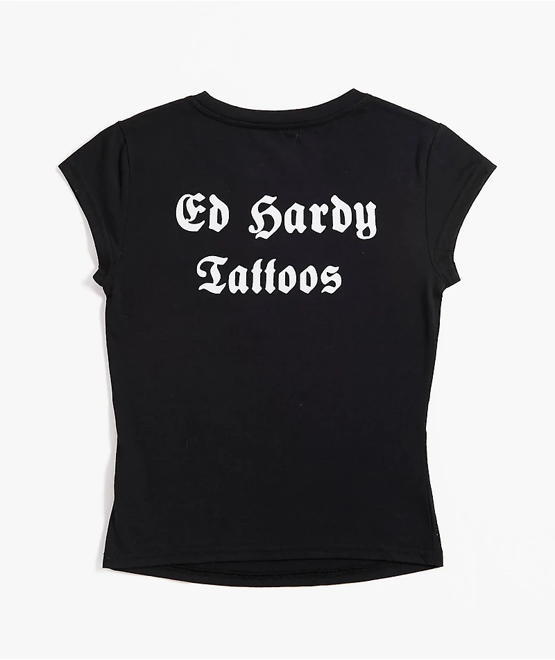 Ed Hardy Rose Rhinestone Cap Sleeve Black T-Shirt