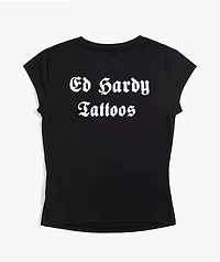Ed Hardy Rose Rhinestone Cap Sleeve Black T-Shirt