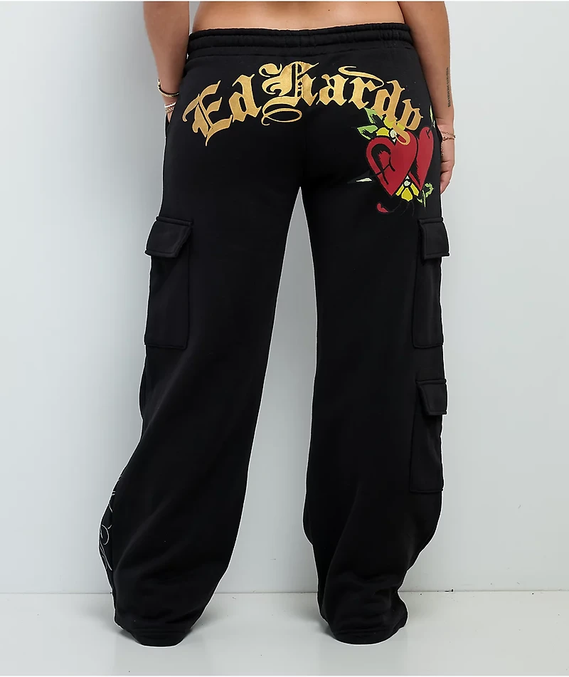 Ed Hardy Sacred Heart Black Cargo Sweatpants