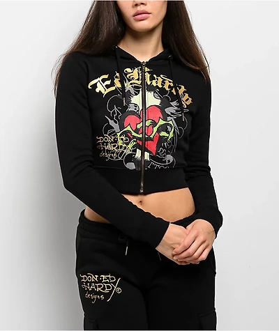 Ed Hardy Sacred Heart Black Crop Zip Hoodie