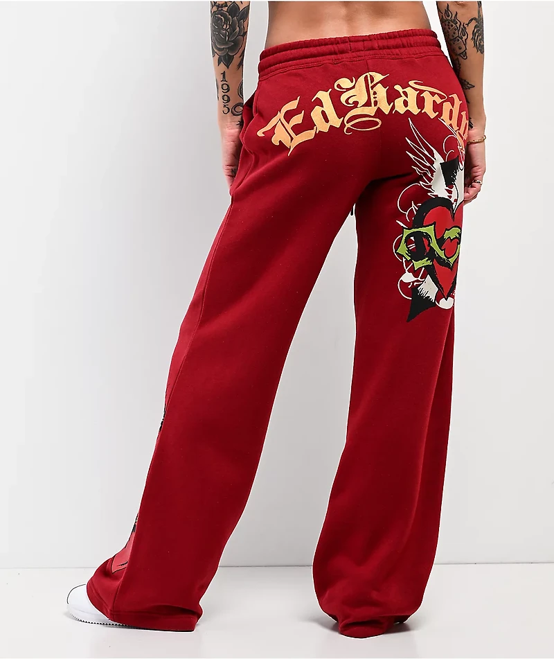 Ed Hardy Sacred Heart Dark Cherry Red Wide Leg Sweatpants