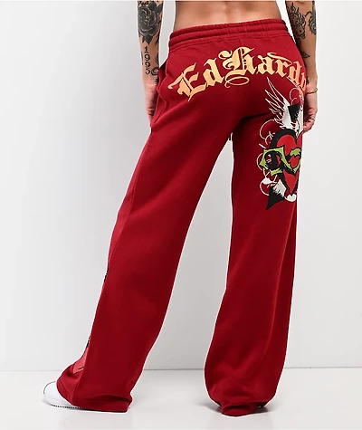 Ed Hardy Sacred Heart Dark Cherry Red Wide Leg Sweatpants