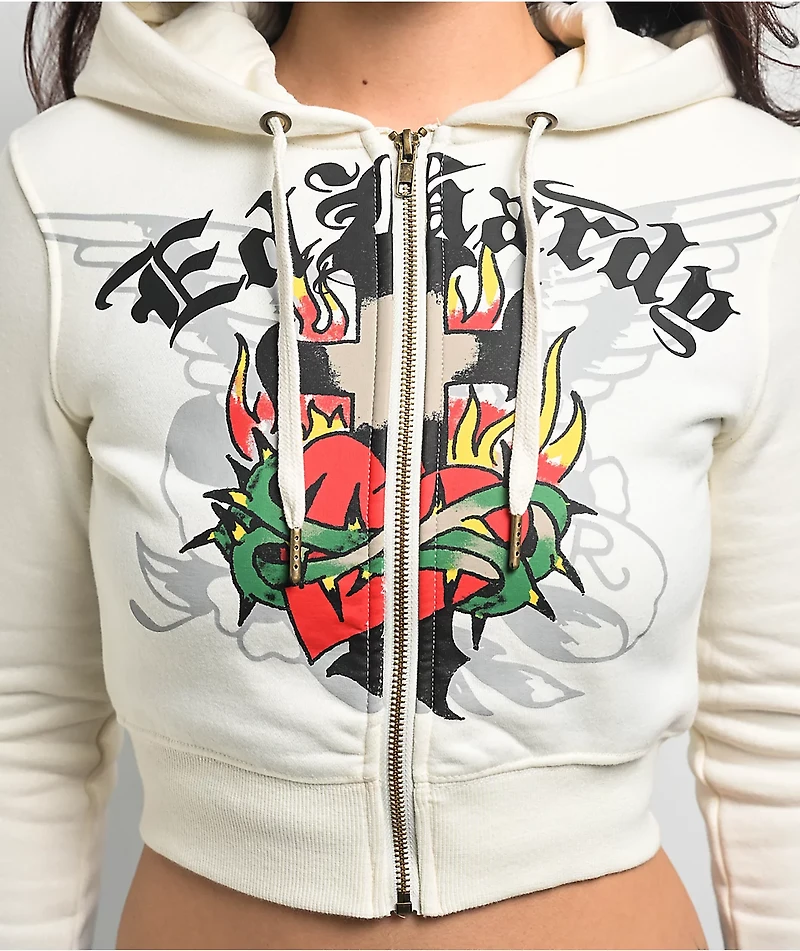 Ed Hardy Sacred Heart Ivory Crop Zip Hoodie