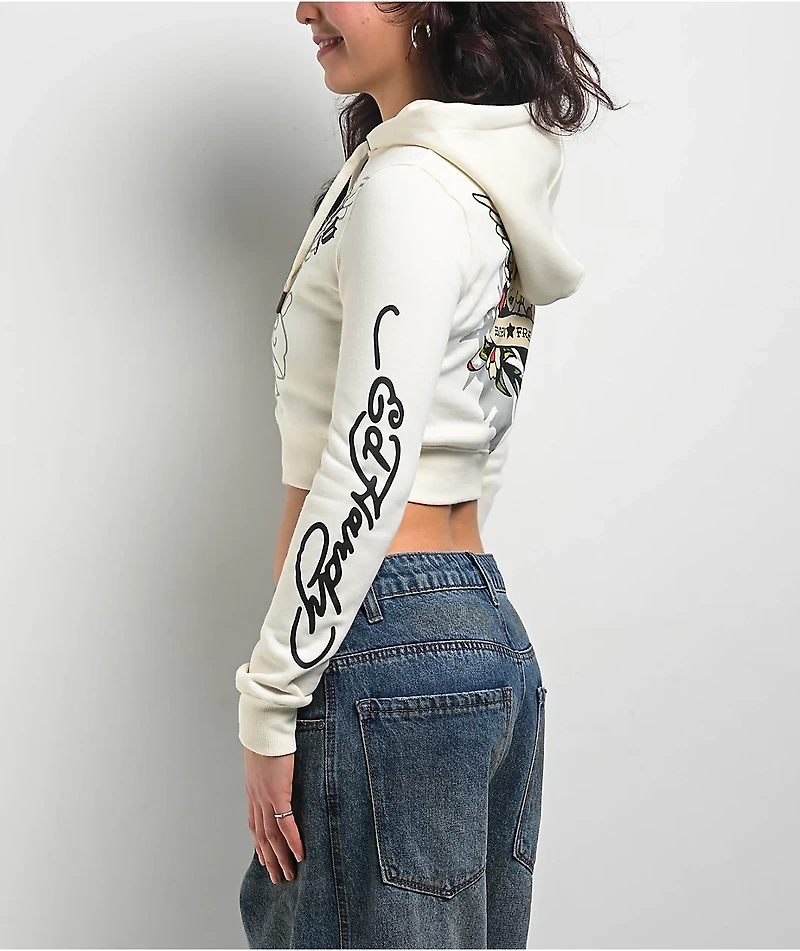 Ed Hardy Sacred Heart Ivory Crop Zip Hoodie