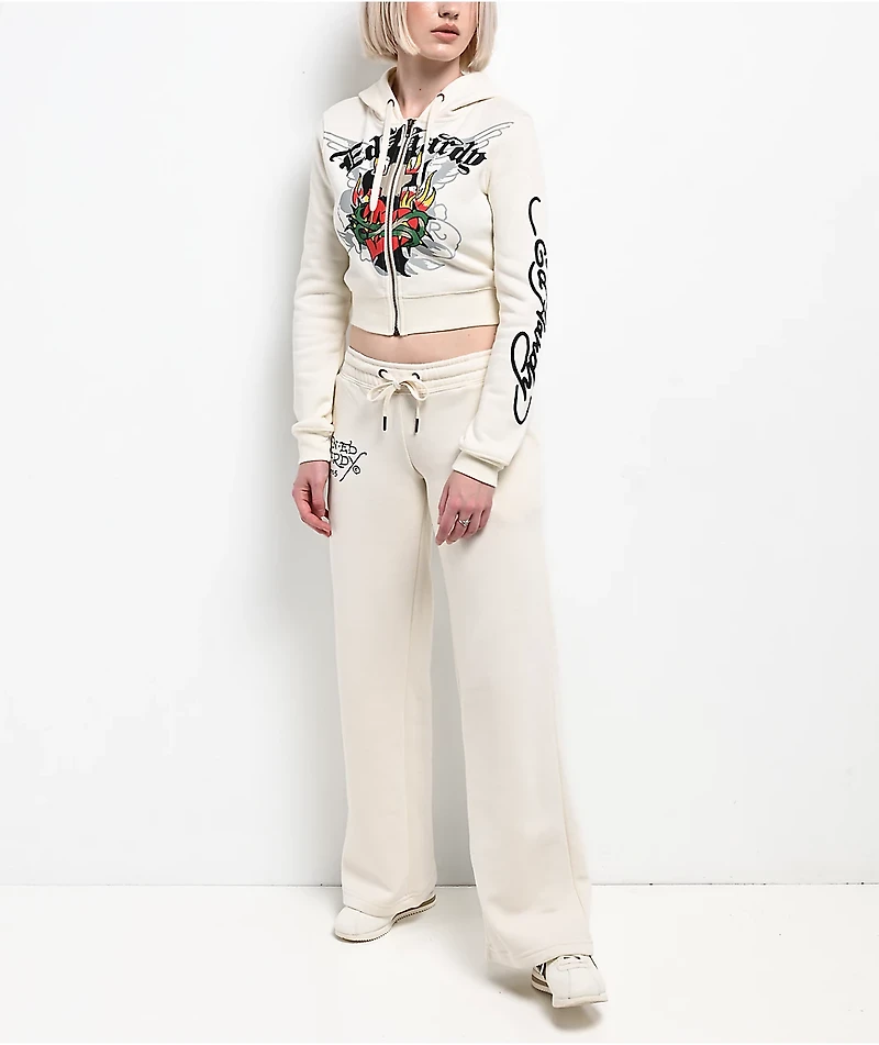 Ed Hardy Sacred Heart Ivory Crop Zip Hoodie